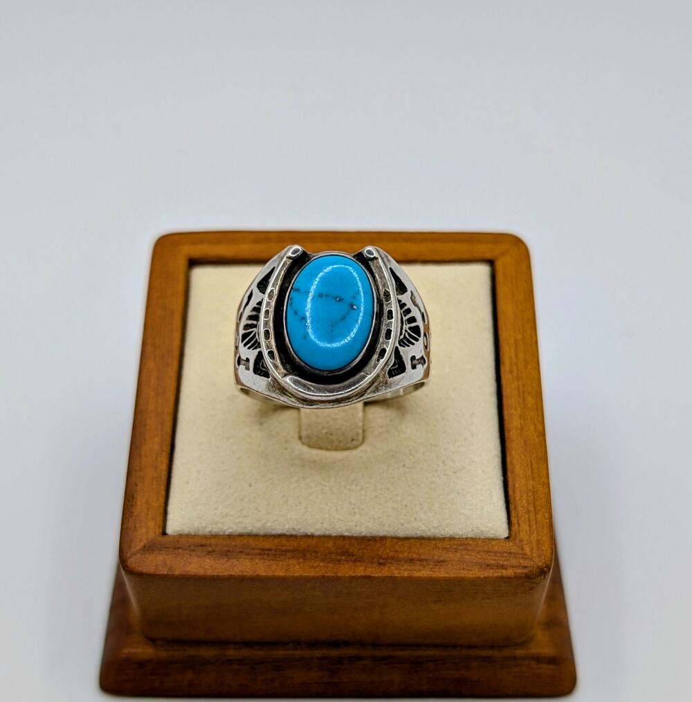 VNT Wheeler Manufacturing Turquoise and Sterling Silver Horseshoe Ring Sz 10.75
